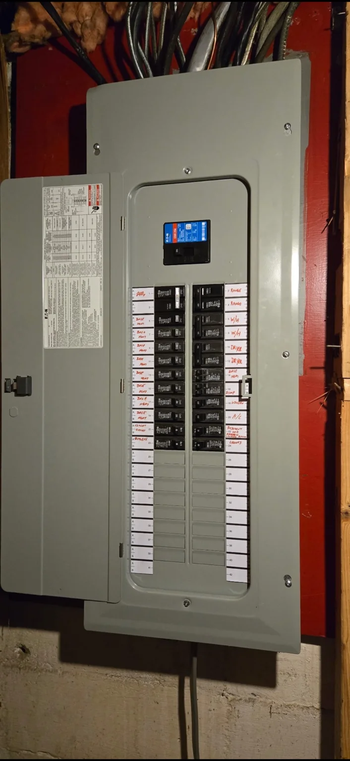 Electrical panel. A breaker panel with a labeled circuit directory.