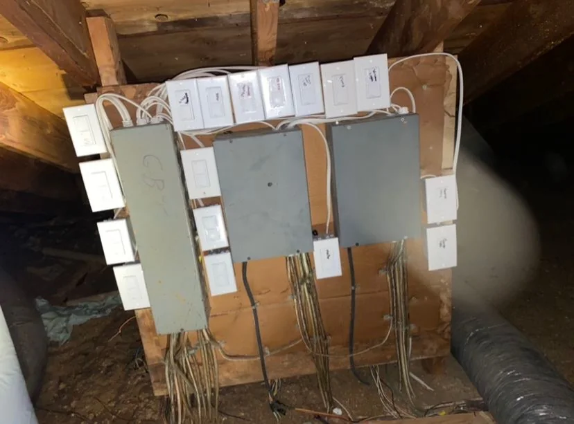 Lighting-control equipment. The covered enclosures and switches from the control project.