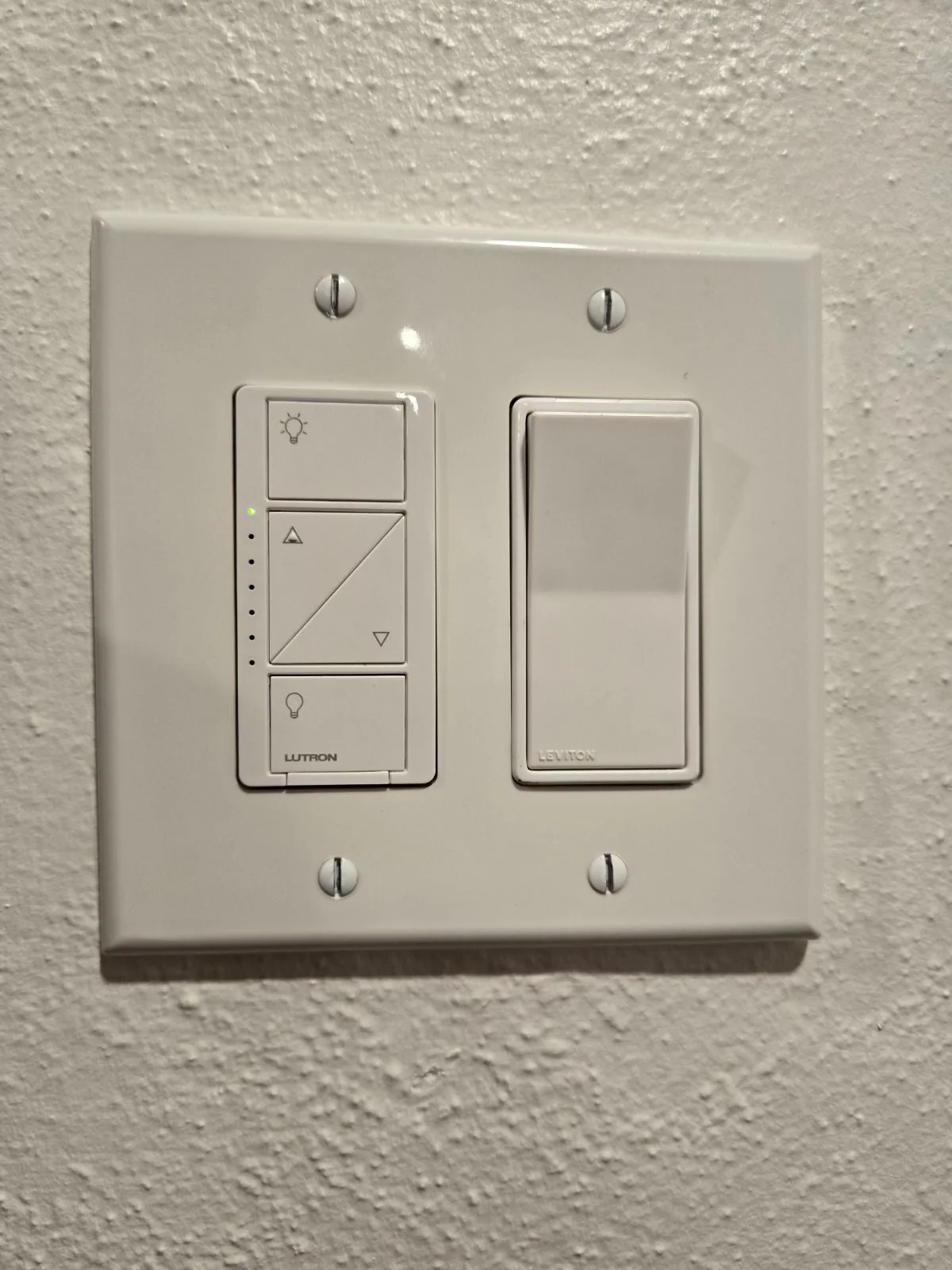 Lutron lighting controls. A dimmer and wall switch installed together.
